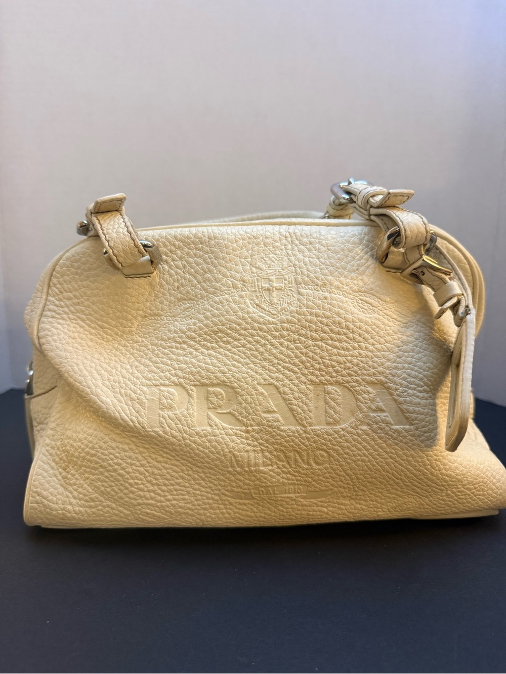 PRADA Cream Leather Shoulder Bag with Embossed Logo